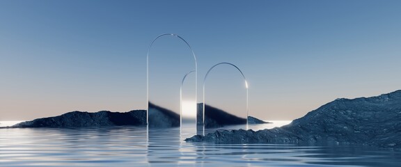 3d render, abstract zen seascape background. Nordic surreal scenery with geometric mirror arches, calm water and pastel gradient sky. Futuristic minimalist wallpaper - 573059468