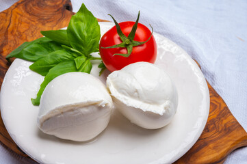 White ball of Italian soft cheese Mozzarella di Bufala Campana served with fresh green basil and red tomato