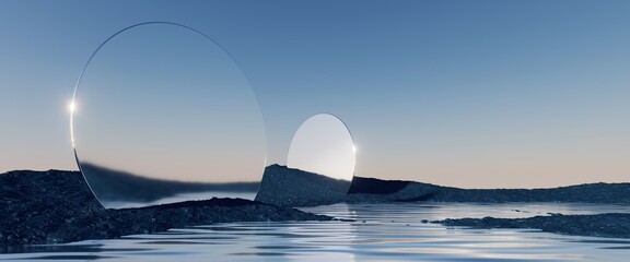 3d rendering, abstract panoramic background, northern seascape, fantastic scenery with calm water, flat geometric mirror arches and plain gradient sky. Aesthetic landscape wallpaper