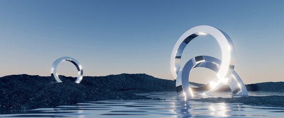 3d render, abstract panoramic background, northern futuristic landscape, fantastic scenery with calm water, geometric glossy chrome shapes and plain gradient sky. Minimal aesthetic wallpaper