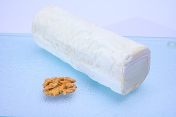 French organic matured white goat cheese with white rind close up