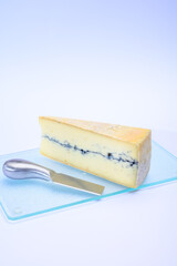 French semi-soft cow milk cheese morbier from Franche-Comte region with thin black layer and strong aroma