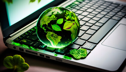 Technology with the concept of nature. Laptop keyboard with green globe. Efficient technology. Digital sustainability. Environmentally friendly technology, sustainable development goals generated AI.