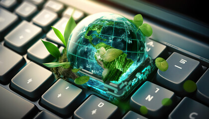 Technology with the concept of nature. Laptop keyboard with green globe. Efficient technology. Digital sustainability. Environmentally friendly technology, sustainable development goals generated AI. - obrazy, fototapety, plakaty