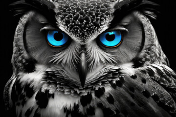 Black and white own with blue eyes made with generative ai
