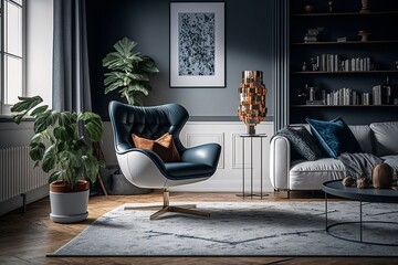 Stylish interior of living room with design leather armchair