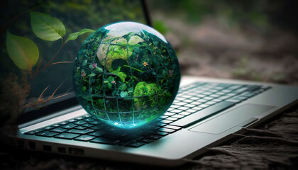 Fototapeta Technology with the concept of nature. Laptop keyboard with green globe. Efficient technology. Digital sustainability. Environmentally friendly technology, sustainable development goals generated AI. obraz