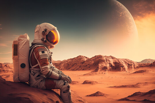 Shot of the Astronaut on Red Planet Looking Toward His Base/Research Station. Near Future First Manned Mission To Mars, Technological made with generative ai