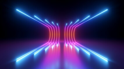 3d rendering, rounded pink blue neon lines, glowing in the dark. Abstract minimalist geometric background. Ultraviolet spectrum. Cyber space. Futuristic wallpaper - obrazy, fototapety, plakaty