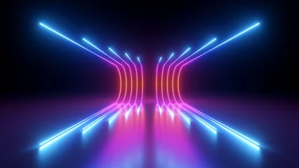Zelfklevend Fotobehang 3d rendering, rounded pink blue neon lines, glowing in the dark. Abstract minimalist geometric background. Ultraviolet spectrum. Cyber space. Futuristic wallpaper © wacomka