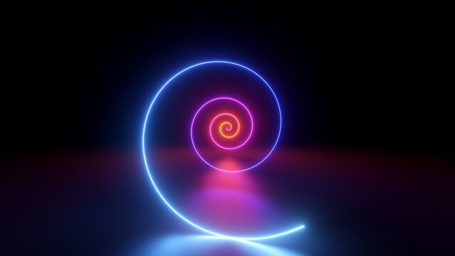 3d render, abstract geometric background, neon spiral line glowing in the dark. Simple helix. Minimalist wallpaper