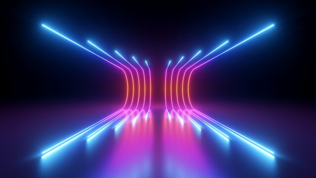 3d rendering, rounded pink blue neon lines, glowing in the dark. Abstract minimalist geometric background. Ultraviolet spectrum. Cyber space. Futuristic wallpaper © wacomka