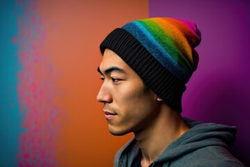 Asian man wearing colorful rainbow beanie cap, generative Ai