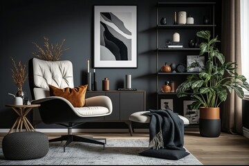 Stylish interior of living room with design leather armchair