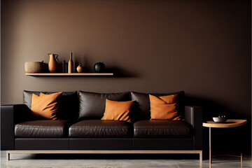Mockup of blank poster frames hanging on the wall of a living room | Interior design of a living room with coffee brown leather sofa | Coffee brown theme | Generative Ai | Indoor décor