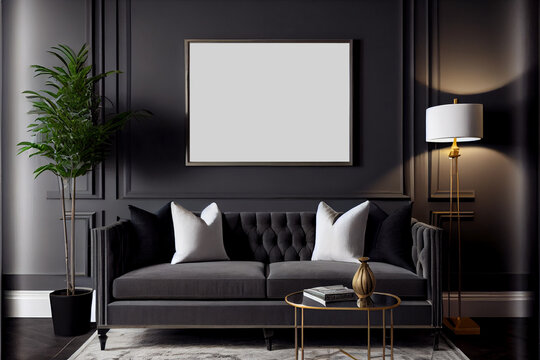 Mockup of a blank picture frame on the wall of a living room with long comfortable sofa and pillows | Dark color theme | Interior design | Interior décor | Generative Ai