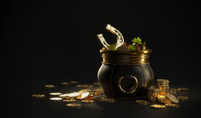 Saint Patrick's Day 3d illustration. 3d Render of black pot full of gold coins and horseshoe on blur black background with bockeh