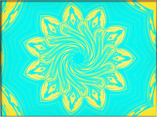 Abstract, Yellow Floral design, 3d with Swirls, set against Coral Blue, within a Border