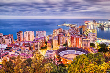 Panoramic Aerial View of Bull Ring in Malaga at Dusk