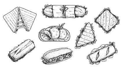 Hand drawn sketch sandwiches set. Submarine type sandwiches with lettuce leaves, salami, cheese, bacon, ham and veggies. Top and perspective view.  Fast food.