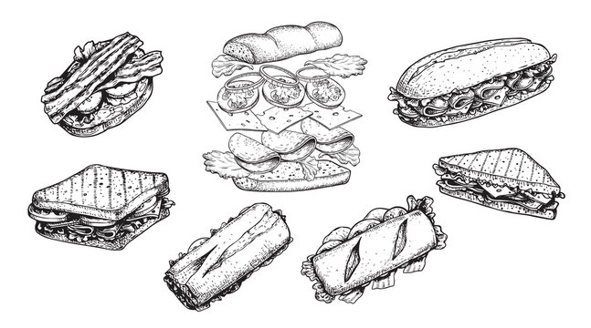 Hand drawn sketch sandwiches set. Submarine type sandwiches with lettuce leaves, salami, cheese, bacon, ham and veggies. Top and perspective view. Sandwich constructor. Flying ingredients. Fast food.