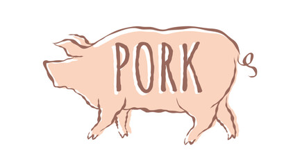 Vector illustration of pig in hand drawing style. Vector icon for food from pork. Pig.