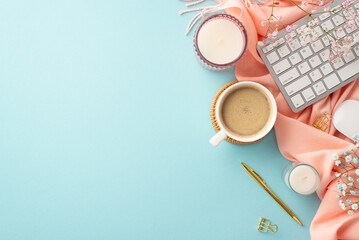 Hello spring concept. Top view photo of keyboard mug of coffee on rattan placemat candles golden...