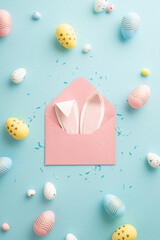 Fototapeta na wymiar Easter celebration concept. Top view vertical photo of easter bunny ears in pink envelope colorful easter eggs and sprinkles on isolated pastel blue background
