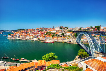 Porto Aerial Cityscape with Luis I Bridge and Douro River during a Sunny Day
