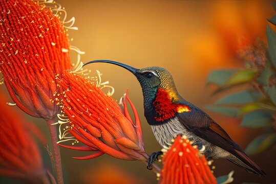 Red Hot Poker Flower with a Southern Double-Collared Sunbird Feeding on It Generative AI