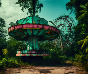 Abandoned Amusement Park Lost in Jungle, Generative AI Illustration