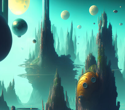 Fantasy City on Alien Planet, Generative AI Illustration