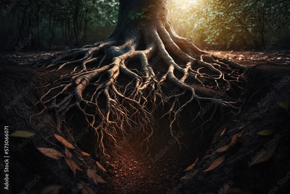 Poster sunlight shining down on the roots of trees in a forest, up close. generative ai
