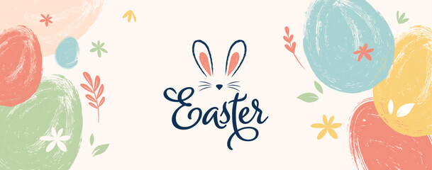 Happy Easter. Bunnies, eggs and flowers. Modern style design, pastel colors