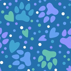 Cartoon animals seamless footprints dig and cat and polka dots and hearts pattern for wrapping paper and kids