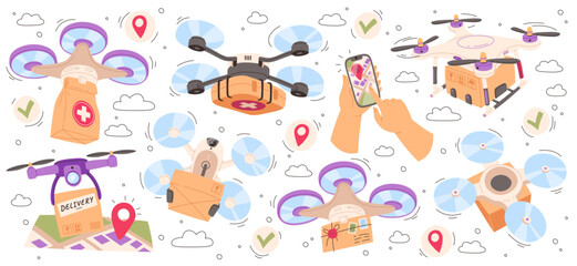 Delivery drones flat icons set. Shipping medicines, parcel and letters. Express shipping cargo. Gadget wireless control