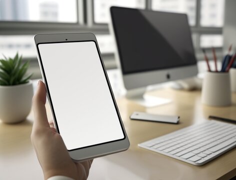 Mockup, blank screen smartphone. women hand holding, laptop and office in the background, insert for screen