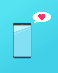 smartphone with social network hearth, vector flat illustration