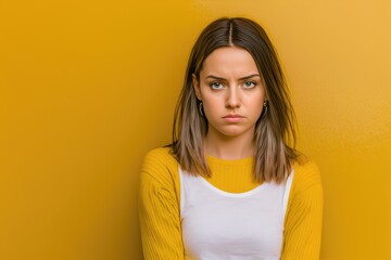 Serious, annoyed, upset, frustrated young woman looking at the camera on yellow background. generative ai