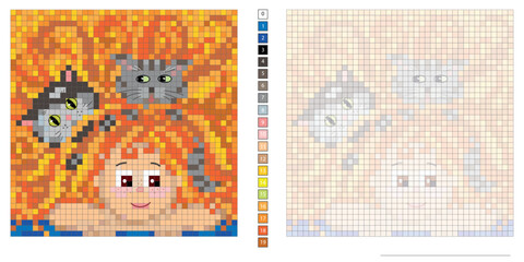 vector pixel illustration, girl with kittens and freckles, coloring book, embroidery design, mosaic, creativity, development of motor skills and imagination