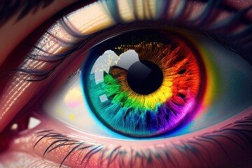 female eye with rainbow iris. 