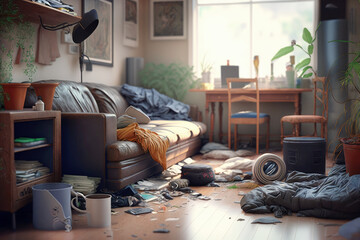 Messy living room interior. Generative AI