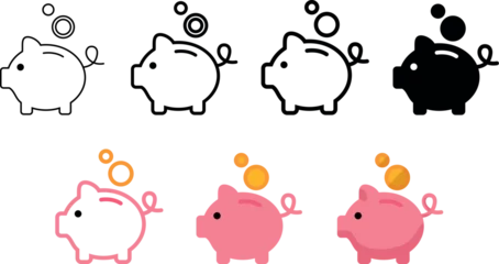 Fotobehang Set of piggy bank icon. Piggybank with falling coins. Baby pig piggy bank. Pig silhouette. Financial independence. flat style stock vector. © IMed