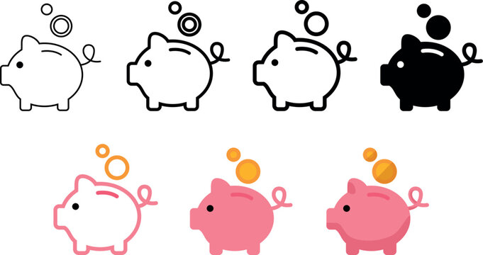 Set of piggy bank icon. Piggybank with falling coins. Baby pig piggy bank. Pig silhouette. Financial independence. flat style stock vector.