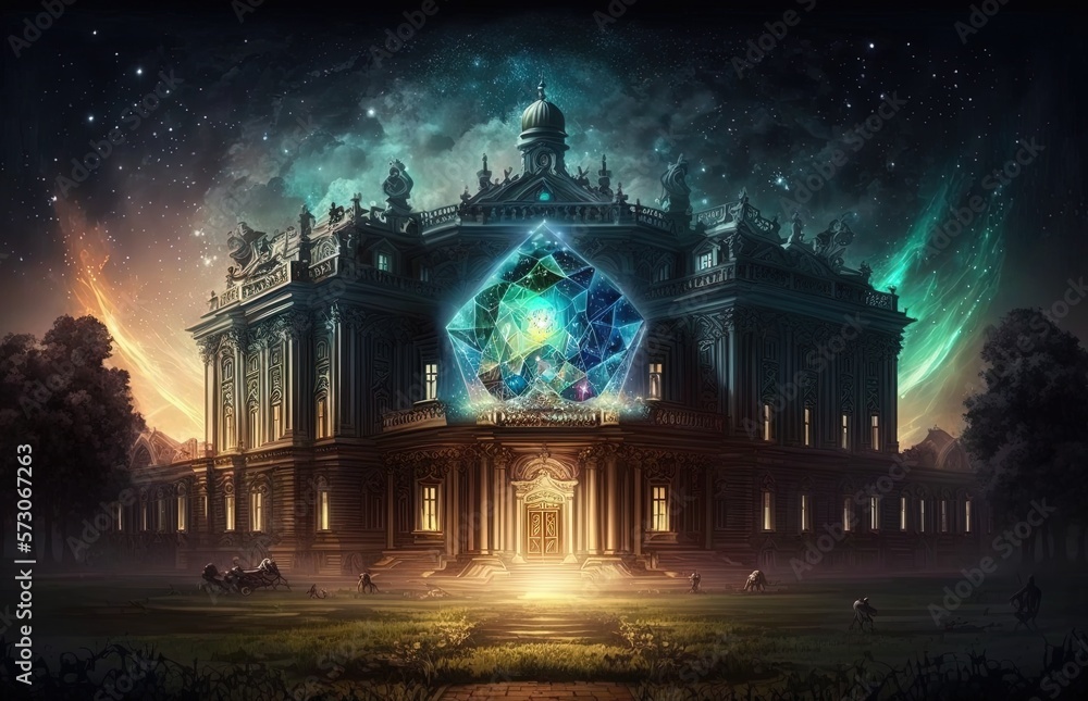 Poster the castle sparkles with the enchantment of the aurora diamond in its core. generative ai