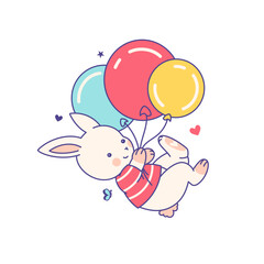 Funny cute cheerful print, sticker with flying baby bunny. Isolated drawn vector rabbit with balloons. Adorable nursery t shirt, newborn design concept, kids Birthday, baby shower card decoration.