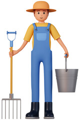 Farmer in overalls, hat and rubber boots hold pitchfork in one hand and iron bucket in other front view 3d illustration. 3d illustration of gardener man hold bucket and pitchfork 