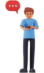 Man chatting on the smartphone and speech bubble 3d illustration. Network communication concept with 3d man character typing on cell phone and text bubble appear above him