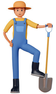 Farmer in overalls, hat and rubber boots put his leg on shovel front view 3d illustration. 3d illustration of gardener man standing with shovel