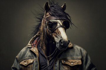 horse in jacket, rapper or bandit, gangster, cool horse. Illustration. Generative AI. - obrazy, fototapety, plakaty
